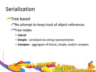 Serialization Tree based No attempt to keep track of object references Tree nodes Literal Simple  - serialized via string representation Complex  - aggregate of literal, simple, and/or complex 