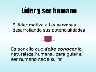 Líder y ser humano Es por ello que  debe conocer  la  naturaleza humana, para guiar al ser humano hacia su fin El líder motiva a las personas  desarrollando sus potencialidades 