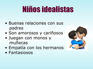Niños idealistas Buenas relaciones con sus  padres Son amorosos y cariñosos Juegan con monos y  muñecas Empatía con los hermanos Fantasiosos 