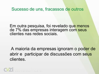 Sucesso de uns, fracassos de outros	Em outra pesquisa, foi revelado que menos de 7% das empresas interagem com seus clientes nas redes sociais. A maioria da empresas ignoram o poder de abrir e participar de discussões com seus clientes.