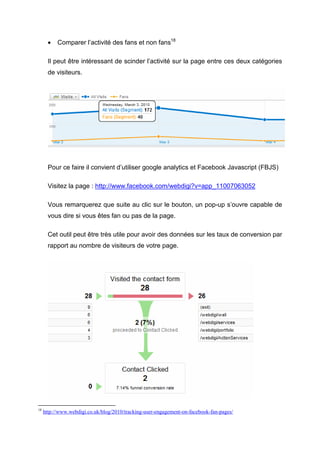 •   Comparer l’activité des fans et non fans18

       Il peut être intéressant de scinder l’activité sur la page entre ces deux catégories
       de visiteurs.




       Pour ce faire il convient d’utiliser google analytics et Facebook Javascript (FBJS)

       Visitez la page : http://www.facebook.com/webdigi?v=app_11007063052

       Vous remarquerez que suite au clic sur le bouton, un pop-up s’ouvre capable de
       vous dire si vous êtes fan ou pas de la page.

       Cet outil peut être très utile pour avoir des données sur les taux de conversion par
       rapport au nombre de visiteurs de votre page.




18
     http://www.webdigi.co.uk/blog/2010/tracking-user-engagement-on-facebook-fan-pages/
 