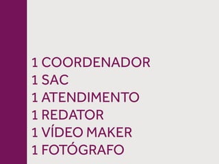 1 COORDENADOR
1 SAC
1 ATENDIMENTO
1 REDATOR
1 VÍDEO MAKER
1 FOTÓGRAFO
 