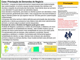 by @rildosan ® | rildo.santos@etecnologia.com.brComo Analista de Negócio entrega valor para empresas de software ? 31
Case: Priorização de Demandas de Negócio
Na SoSW, a equipe de desenvolvimento é responsável pela implementação
das customizações, é normal a equipe receber pressão dos clientes e ter
dúvidas a respeito da priorizada das demandas. Qual cliente deve ser primeiro
a ser atendido? E quais devem ser atendidos depois.
Essa decisão é importante, pois todos os clientes querem ser atendidos o mais
breve possível, geralmente para ontem, mas a equipe tem recursos limitados e
alguns clientes podem ter que esperar mais de 120 dias para ter customização
implementada.
A empresa não tinha nenhum critério definido para priorização das demandas,
geralmente o cliente que pressiona mais (falava mais alto) eram atendimentos
primeiro, e sempre alguns acabam sendo esquecidos.
Exemplo de como o Analista de Negócio pode gerar valor:
Analista de Negócio, questionou o critério de priorização, e elaborou um novo
modelo baseado na rentabilidade de clientes, este modelo mostrou que os
clientes de menor porte traziam mais rentabilidade do que os de maior porte.
Foi apresentado para as equipes, elas avaliaram a proposta, fizeram
sugestões e adotaram o modelo. A prioridade está intimamente ligada a
rentabilidade do cliente, ou seja, clientes mais rentáveis são atendidos
primeiro e depois os demais clientes. Esse modelo também esta alinhado com
a estratégia da empresa.
Priorização
Questão:
Como a empresa prioriza as demandas
de negócio?
Resposta padrão:
Não priorizamos. Na correria do dia a
dia, acabamos cedendo as pressões dos
clientes, quem pressiona mais é
atendido primeiro.
Realidade:
Ausência de critérios de priorização de
demandas pode afetar o resultado
financeiro da empresa. Pois, a empresa
pode está atendendo primeiro clientes
com baixa rentabilidade e/ou cliente que
geram prejuízos para empresa.
Quem pode mudar este cenário?
Analista de Negócio tem a visão de
negócio, isso facilita a construção de
soluções de priorização que vai de
encontra com a estratégia da empresa.
Valor Entregue:
Solução de priorização alinhada com
estratégia da empresa, ou seja, clientes
mais rentáveis são atendidos primeiro
Nota1: A palavra customização(do inglês customization) é empregada no sentido de personalização, adaptação, adequação. Desta forma, customizar é adaptar ou adequar algo de acordo com o gosto ou
necessidade de alguém; Alterar algo para fazer com que sirva melhor aos requisitos de alguém. Customização pode ser entendida como sendo adequação a necessidade do cliente.
Backlog de Demandas
Priorizado
Critério: Curva ABC de
Rentabilidade de Clientes
Funil de Priorização
(define critérios para
priorizar as demandas)
Demandas sem
prioridade
 