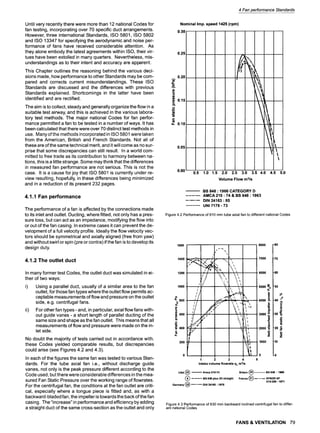 Until very recently there were more than 12 national Codes for
fan testing, incorporating over 70 specific duct arrangements.
However, three international Standards, ISO 5801, ISO 5802
and ISO 13347 for specifying the aerodynamic and noise per-
formance of fans have received considerable attention. As
they alone embody the latest agreements within ISO, their vir-
tues have been extolled in many quarters. Nevertheless, mis-
understandings as to their intent and accuracy are apparent.
This Chapter outlines the reasoning behind the various deci-
sions made, how performance to other Standards may be com-
pared and corrects current misunderstandings. These ISO
Standards are discussed and the differences with previous
Standards explained. Shortcomings in the latter have been
identified and are rectified.
The aim is to collect, steady and generally organize the flow in a
suitable test airway, and this is achieved in the various labora-
tory test methods. The major national Codes for fan perfor-
mance permitted a fan to be tested in a number of ways. It has
been calculated that there were over 70 distinct test methods in
use. Many ofthe methods incorporated in ISO 5801 were taken
from the American, British and French Standards. Not all of
these are of the same technical merit, and it will come as no sur-
prise that some discrepancies can still result. In a world com-
mitted to free trade as its contribution to harmony between na-
tions, this is a little strange. Some may think that the differences
in measured fan performance are not serious. This is not the
case. It is a cause for joy that ISO 5801 is currently under re-
view resulting, hopefully, in these differences being minimized
and in a reduction of its present 232 pages.
4.1.1 Fan performance
The performance of a fan is affected by the connections made
to its inlet and outlet. Ducting, where fitted, not only has a pres-
sure loss, but can act as an impedance, modifying the flow into
or out of the fan casing. In extreme cases it can prevent the de-
velopment of a full velocity profile. Ideally the flow velocity vec-
tors should be symmetrical and axially aligned (free from yaw)
and without swirl or spin (pre or contra) if the fan is to develop its
design duty.
4.1.2 The outlet duct
In many former test Codes, the outlet duct was simulated in ei-
ther of two ways
i) Using a parallel duct, usually of a similar area to the fan
outlet, for those fan types where the outlet flow permits ac-
ceptable measurements of flow and pressure on the outlet
side, e.g. centrifugal fans.
ii) For other fan types - and, in particular, axial flow fans with-
out guide vanes - a short length of parallel ducting of the
same size and shape as the fan outlet. This means that all
measurements of flow and pressure were made on the in-
let side.
No doubt the majority of tests carried out in accordance with.
these Codes yielded comparable results, but discrepancies
could arise (see Figures 4.2 and 4.3).
In each of the figures the same fan was tested to various Stan-
dards. For the tube axial fan i.e., without discharge guide
vanes, not only is the peak pressure different according to the
Code used, but there were considerable differences in the mea-
sured Fan Static Pressure over the working range of flowrates.
For the centrifugal fan, the conditions at the fan outlet are criti-
cal, especially where a tongue piece is fitted and, as with a
backward-bladed fan, the impeller is towards the back of the fan
casing. The "increase" in performance and efficiency by adding
a straight duct of the same cross-section as the outlet and only
4 Fan performance Standards
Nominal Imp. speed 1425 (rpm)
0.30
0.25
0.20
t~
(1.
~ o.15
0
u. 0.10
...,,
0.05
0.00
0.5 1.0 1.5 2,0 2.5 3.0 3.5 4.0 4.5 5.0
Volume Flow m31s
BS 848 : 1960 CATEGORY D
..... AMCA 210 : 74 & BS 8~ : 1963
...... DIN 24163 : 85
.......... UN17179- 73
Figure4.2 Performanceof 610mmtubeaxialfan to differentnationalCodes
1600
r
1400 ,'-'~;',. ~, r .... ',~
,ooo / 'ii~i' ,,
.... ~,
1 2 3 4
Intake volume flowrate qv m31S
"80
-70
-60
-so
m
-40 ~-
o
,_e
o
-30 E|
-20 ~
Z
"10
USA(~ Amca 210-74 Britain ~,- ........ BS848 : 1980
Q .... BS 8~ plus 2Dstraight France ~ ...... AFNOR NF
Xl 0-200 : 1971
Germany@ .... DIN 24163 : 1978
Figure 4.3 Performance of 630 mm backward inclined centrifugal fan to differ-
ent national Codes
FANS & VENTILATION 79
 