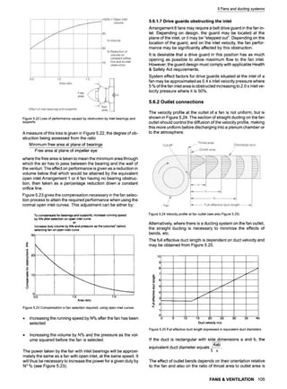 0.5
j ~ ......
I
110 i.5
Area ratio
Effect of inletbearings and supports
100% = Open inlet
volume
90
% Volume
80
70
% Reduction of
volume on
constant orifice
line due to inlet
obstruction
Free
area c[
Figure 5.22 Loss of performance caused by obstruction by inlet bearings and
supports
A measure of this loss is given in Figure 5.22, the degree of ob-
struction being assessed from the ratio
Minimum free area at plane of bearings
Free area at plane of impeller eye
where the free area is taken to mean the minimum area through
which the air has to pass between the bearing and the wall of
the venturi. The effect on performance is given as a reduction in
volume below that which would be attained by the equivalent
open inlet Arrangement 1 or 4 fan having no bearing obstruc-
tion, then taken as a percentage reduction down a constant
orifice line.
Figure 5.23 gives the compensation necessary in the fan selec-
tion process to attain the required performance when using the
normal open inlet curves. This adjustment can be either by:
To compensate for bearings and supports, increase running speed
by N% after selection on open inlet curve
or
Increase duty volume by N% and pressure as the (volume)2before
selecting fan on open inlet curve
30,
|
0 i
0i
1.0 1.5
0.5
Area ratio
Figure 5.23 Compensation in fan selection required, using open inlet curves
9 Increasing the running speed by N% after the fan has been
selected
9 Increasing the volume by N% and the pressure as the vol-
ume squared before the fan is selected.
The power taken by the fan with inlet bearings will be approxi-
mately the same as a fan with open inlet, at the same speed. It
will thus be necessary to increase the power for a given duty by
N3 % (see Figure 5.23).
5 Fans and ducting systems
5.6.1.7 Drive guards obstructing the inlet
Arrangement 6 fans may require a belt drive guard in the fan in-
let. Depending on design, the guard may be located at the
plane of the inlet, or it may be "stepped out". Depending on the
location of the guard, and on the inlet velocity, the fan perfor-
mance may be significantly affected by this obstruction.
It is desirable that a drive guard in this position has as much
opening as possible to allow maximum flow to the fan inlet.
However, the guard design must comply with applicable Health
& Safety Act requirements.
System effect factors for drive guards situated at the inlet of a
fan may be approximated as 0.4 x inlet velocity pressure where
5 % of the fan inlet area is obstructed increasing to 2.0 x inlet ve-
locity pressure where it is 50%.
5.6.2 Outlet connections
The velocity profile at the outlet of a fan is not uniform, but is
shown in Figure 5.24. The section of straight ducting on the fan
outlet should control the diffusion of the velocity profile, making
this more uniform before discharging into a plenum chamber or
to the atmosphere.
Figure 5.24 Velocity profile at fan outlet (see also Figure 5.25)
Alternatively, where there is a ducting system on the fan outlet,
the straight ducting is necessary to minimise the effects of
bends, etc.
The full effective duct length is dependent on duct velocity and
may be obtained from Figure 5.25.
10~ ,
9 "
8
r [
f j
J
,- 71
6-- ............
/11"
u. 1
J
0
0 5 10 15 20 25 30 35 40
Duct velocity m/s
Figure 5.25 Full effective duct length expressed in equivalent duct diameters
If the duct is rectangular with side dimensions a and b, the
equivalent duct diameter equals ~/4ao.
V :[
The effect of outlet bends depends on their orientation relative
to the fan and also on the ratio of throat area to outlet area is
FANS & VENTILATION 105
 