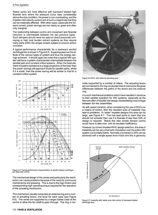 6 Flow regulation
Radial vanes are most effective with backward bladed high
flowrate fans where the pressure curve rises considerably
above the duty condition, the power is non-overloading, and the
impeller inlet velocity vectors are of such a magnitude that they
can be materially affected. With other types, especially the for-
ward curved, power savings are not nearly so great and often
only marginal.
The relationship between control arm movement and flowrate
reduction is intermediate between the two previous types.
Such dampers should never be used on direct pneumatic con-
veying or high dust burden extract systems as they require
many parts within the air/gas stream subject to erosion and/or
corrosion.
A typical performance characteristic for a backward aerofoil
centrifugal fan is shown in Figure 6.5. Superimposed are the ef-
fects of the various types of system and thus the energy sav-
ings achieved. It should again be noted that a typical VAV sys-
tem will have a system characteristic intermediate between the
parallel path and constant orifice systems. When the fixed ele-
ment of system resistance is a large proportion of the total, then
the power savings will approach those for parallel paths, whilst
if it is small, then the power saving will be similar to that for a
constant orifice system.
Figure6.6 RVICwithexternaloperatinggear
mally supported by a number of rollers. The actuating levers
are connected to the ring via double links to overcome the great
differences between the paths of the levers and the external
ring.
It is such mechanical problems which have resulted in doubt as
to their reliable operation for VAV systems, especially as the
fans are often of double inlet design necessitating cross linkage
between the two assemblies.
As with speed variation, when considering the use of RVICs as
a means of control, then the resultant area of instability may
lead to problems. In "wider" impeller designs this area can be
large, see Figure 6.7. This has lead some to claim that one
should not consider their use if a flowrate of less than 50% of
design is required. Below this ratio simple damper control
would have to take over, with its resultant inefficiency.
However, by correct impeller/RVIC design selection, the area of
instability can be very small with modulation over the entire VAV
system curve totally stable. Normally a turndown to 20% can be
achieved with a single speed drive motor and this is generally
Figure6.5Typicalperformancecharacteristicsof aerofoilbladedcentrifugal
fan fittedwitha RVIC
The mechanical design of the vanes and particularly the mech-
anism can cause problems because of the need for continuous
maintenance and greasing. This is due to the high friction and
corresponding high operating torque required for the operation
of the actuating mechanism.
This mechanism usually comprises an external ring and a num-
ber of actuating levers, one lever for each vane (see Figure
6.6). The vanes are supported by a larger hollow collar at the
centre to allow the fan shaft to pass through. The ring is nor-
Figure6.7 Instabilitywithradialvaneinletcontrolof backwardbladed
centrifugalfans
112 FANS & VENTILATION
 