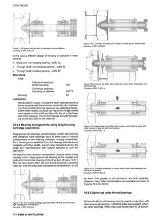 I0 Fan bearings
Figure 10.30 Heavy duty fan with oil lubricated plummer blocks
Courtesy of SKF (UK) Ltd
In this case a different design of housing is available in three
variants:
Tolerances
Shaft end, non-locating bearing - suffix AL
Through shaft, non-locating bearing - suffix BL
Through shaft, locating bearing - suffix BF
Shaft
Cylindrical seatings -
direct mounting m6
Cylindrical seatings -
mountingon sleeves h91IT5
Housing F6
Oillubricationisused.To keepthe bearingtemperatureas
lowas possiblewiththe minimumamountofoil inthe bear-
ing,the oil is liftedfrom the reservoirtoa collectingtrough,
asthe shaft rotates,by a pick-upringwhich hangsloosely
on a sleeve on the shaft and dips into the oil in the lower
half of the housing.The oil then passes throughthe bear-
ing on its way back to the reservoir.
Lubrication
Figure 10.32 Cartridge assembly with single row deep groove ball bearings
Courtesy of SKF (UK)Ltd
Figure 10.33 Hot gas fan fitted with cooling disc, heat shield and grease lubri-
cated bearings
Courtesy of SKF (UK) Ltd
Figure 10.34 High pressure fan fitted with angular contact ball bearings and
roller bearing to take vee belt drive loading
Courtesy of SKF (UK) Ltd
10.9.4 Bearing arrangements using long housing
cartridge assemblies
Deepgrooveballbearings,pairedangularcontact ballbearings
and cylindrical roller bearings have all been used in various
combinations in two bearing cartridge housing assemblies.
Such housings are available from the bearing manufacturers
complete with their shafts, but are also manufactured by the
larger fan manufacturers with special features to suit the
application.
Perhaps the most common combinationof races within a long
housing is for a deep groove ball bearing at the impeller end
and a cylindrical roller bearingat the drive end. (Figure 10.31.)
The ball race “looks after” the end thrust whilst the cylindrical
rollercantakethe radialloadimposedbyavee beltdrive. Itt will
Figure 10.35 Cartridge assembly for heave radial loads (roller bearings) and
ball race for location
Courtesy of SKF (UK) Ltd
be seen that grease or oil lubrication are both possible.
However, many other combinationsare availableas shown in
Figures 10.32to 10.35.
10.9.5 Spherical roller thrust bearings
Sphericalrollerthrust bearingsmay beusedinconjunctionwith
deep grooveall bearings,cylindricalroller bearings andspheri-
cal roller bearings. When high axial forces have to be accom-
Figure 10.31 Two bearing cartridge assembly fitted with ball and roller bear-
ings for grease or oil lubrication
Courtesy of SKF (UK) Ltd
172 FANS & VENTILATION
 