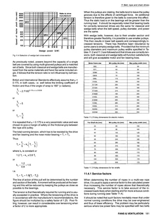 A
.E 5000
E 4000
> 3000
"-" 2000
1500
1200
1000
500
400
300
10
200
G)
a.
(/)
100 ,..
SPZ
J Refer to drive
manufacturer
I
f I
/ / i I
9 9 ,,,,
/ j" /
J / /
J J J
...... h'~
J
.' ,, 9 J
f
f SPB f
,/ SPA / /
/ ,,r / sPc
/; / /"
04 r 'ql'LOr 0 0 0 0 0 0 0 0 0
T" r r 'ql' I~ 0 0 O 0
Design power (kW)
Fig 11.4 Selection of wedge belt cross-section
As previously noted, powers beyond the capacity of a single
belt are covered by using multi-grooved pulleys and a matched
set of belts. Since both classical and wedge belts are manufac-
tured from the same materials and have the same included an-
gle, it follows that the tension ratio is not influenced by belt sec-
tion.
British and International Standards effectively assume that # =
0.175, in both cases, i.e. well below the limiting coefficient of
friction and thus if the angle of wrap is 180~ (= radians).
"!"1 = 2.71830.175x=x2.9238
or
T~= 5
or
5
It is repeated that # = 0.175 is a very pessimistic value and was
chosen to give a margin of safety on the frictional grip between
the rope and pulley.
The total running tension, which has to be resisted by the drive
end fan bearing and the nose motor bearing = T1 + T2.
Thus:
T, kv/Z'
where kv is constant or
1.2 T1=kv x0.8 T1
or
1.2
kv =-- = 1.5
0.8
i.e.
T, + = 1.5(T,-
The line of action of this pull will be determined by the number
and section of the belts. A moment will be produced at the bear-
ing and this will be reduced by keeping the pulleys as close as
possible to the bearings.
The tension is that theoretically required for running and is usu-
ally exceeded in practice. Where the tensioning of the drive is
in accordance with the manufacturer's recommendations, the
figure should be multiplied by a safety factor of 1.25. Poor fit-
ting, however, can result in considerable over tensioning when
a factor of 2 is more appropriate.
11 Belt, rope and chain drives
When the pulleys are rotating, the belts tend to leave the pulley
grooves due to the effects of centrifugal force. An additional
tension is therefore given to the belts to overcome this effect.
Thus the static load e on the bearings will be greater than the
running load. It should be especially noted that bearing loads
for correctly tensioned drives are the same for classical and
wedge belts when the belt speed, pulley diameter, and power
are the same.
With wedge belts, however, due to their smaller section and
therefore greater flexibility, it is possible to use smaller pulleys.
This then results in lower belt speeds and correspondingly in-
creased tensions. There has therefore been reluctance by
some users to employ wedge belts. Provided that the minimum
pulley diameters and maximum pulley widths specified in Ta-
bles 11.2 and 11.3 are followed and that drives are correctly ten-
sions, both classical and wedge belts will function satisfactorily
and will give acceptable motor and fan bearing lives.
Motorframe size Min pulleydia(mm) Max pulley width (mm)
D63 50 50
D71 63 50
DD80 75 100
D90S 75 150
D90L 115 100
D100L 160 100
D112M 200 100
D132S 160 160
D132M 215 125
D160M 180 200
D160L 245 160
D180M 260 160
D180L 280 160
D200L 315 200
D225S 355 200
D225M 400 200
Table 11.2 Pulley dimensions for electric motors
Fan Shaft dia(mm) Min pulley dia(mm) Max pulley width (mm)
20 80 100
30 90 100
40 140 125
50 180 140
55 250 160
60 280 160
65 315 160
70 355 170
80 400 " 170
90 450 170
100
125
500 170
630 170
Table 11.3 Pulley dimensions for fan shafts
11.4.1 Service factors
When determining the number of ropes in a multi-vee rope
drive, it is usual to apply a service factor to the calculated power
thus increasing the number of ropes above that theoretically
necessary. This service factor is to take account of the in-
creased loads likely when starting and for more arduous condi-
tions during running (see Table 11.4).
It should be noted that such factors inevitably mean that under
normal running conditions the drive may be over-engineered
and thus of lower efficiency. The problem may be particularly
serious where low power fans may be specified with two belts
FANS & VENTILATION 181
 