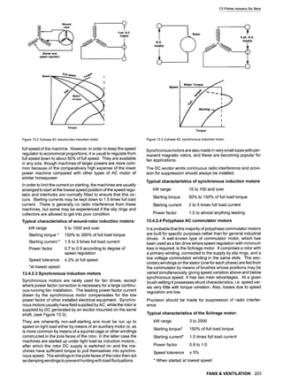 13 Prime movers for fans
Wound
rotor
Starterand
speed regulator
3 ph. A.C.
supply
Speed Full Spee., ~0~
~e
I
Torque
Figure 13.2 3-phase AC wound-rotor induction motor
full speed of the machine. However, in order to keep the speed
regulator to economical proportions, it is usual to regulate from
full speed down to about 50% of full speed. They are available
in any size, though machines of larger powers are more com-
mon because of the comparatively high expense of the lower
power machine compared with other types of AC motor of
similar horsepower.
In order to limit the current on starting, the machines are usually
arranged to start at the lowest speed position of the speed regu-
lator and interlocks are normally fitted to ensure that this oc-
curs. Starting currents may be kept down to 1.5 times full load
current. There is generally no radio interference from these
machines, but some may be experienced if the slip rings and
collectors are allowed to get into poor condition.
Typical characteristics of wound-rotor induction motors:
kW range
Starting torque *
Starting current *
Power factor
Speed tolerance
*at lowest speed
5 to 1000 and over
150% to 300% of full load torque
1.5 to 3 times full load current
0.7 to 0.9 according to degree Of
speed regulation
+ 2% at full speed
13.4.2.3 Synchronous induction motors
Synchronous motors are rarely used for fan drives, except
where power factor correction is necessary for a large continu-
ous-running fan installation. The leading power factor current
drawn by the synchronous motor compensates for the low
power factor of other installed electrical equipment. Synchro-
nous motors usually have field supplied by AC, while the rotor is
supplied by DC generated by an excitor mounted on the same
shaft, (see Figure 13.3).
They are inherently non-self-starting and must be run up to
speed on light load either by means of an auxiliary motor or, as
is more common by means of a squirrel cage or other windings
constructed in the pole faces of the rotor. In the latter case the
machines are started up under light load as induction motors,
after which the rotor DC supply is switched on and the ma-
chines have sufficient torque to pull themselves into synchro-
nous speed. The windings in the pole faces of the rotor then act
as damping windings to prevent hunting with load fluctuations.
tor
3 ph, A.C.
D.C. / supply
supply
Speed
Motor Torque
/
/ / !
Torque
Figure 13.3 3-phase AC synchronous induction motor
Synchronous motors are also made in very small sizes with per-
manent magnetic rotors, and these are becoming popular for
fan applications.
The DC excitor emits continuous radio interference and provi-
sion for suppression should always be installed.
Typical characteristics of synchronous induction motors
kW range
Starting torque
Starting current
Power factor
15 to 100 and over
50% to 150% of full load torque
2 to 5 times full load current
1.0 to almost anything leading
13.4.2.4 Polyphase AC commutator motors
It is probable that the majority of polyphase commutator motors
are built for specific purposes rather than for general industrial
drives. A well-known type of commutator motor, which has
been used as a fan drive where speed regulation with minimum
loss is required, is the Schrage motor. It comprises a rotor with
a primary winding, connected to the supply by slip rings, and a
low voltage commutator winding in the same slots. The sec-
ondary windings on the stator (one for each phase) are fed from
the commutator by means of brushes whose positions may be
varied simultaneously, giving speed variation above and below
synchronous speed. It has two main advantages. At a given
brush setting it possesses shunt characteristics, i.e. speed var-
ies very little with torque variation. Also, losses due to speed
regulation are low.
Provision should be made for suppression of radio interfer-
ence.
Typical characteristics of the Schrage motor:
kW range
Starting torque*
Starting current*
Power factor
Speed tolerance
3 to 2000
150% of full load torque
1.5 times full load current
0.8 to 1.0
+5%
* When started at lowest speed
FANS & VENTILATION 203
 