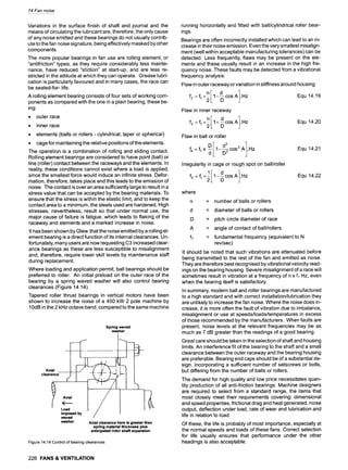 14 Fan noise
Variations in the surface finish of shaft and journal and the
means of circulating the lubricant are, therefore, the only cause
of any noise emitted and these bearings do not usually contrib-
ute to the fan noise signature, being effectively masked by other
components.
The more popular bearings in fan use are rolling element, or
"antifriction" types, as they require considerably less mainte-
nance, have reduced "stiction" at start-up, and are less re-
stricted in the attitude at which they can operate. Grease lubri-
cation is particularly favoured and in many cases, the race can
be sealed-for-life.
A rolling element bearing consists of four sets of working com-
ponents as compared with the one in a plain bearing, these be-
ing:
9 outer race
9 inner race
9 elements (balls or rollers - cylindrical, taper or spherical)
9 cage for maintaining the relative positions of the elements.
The operation is a combination of rolling and sliding contact.
Rolling element bearings are considered to have point (ball) or
line (roller) contact between the raceways and the elements. In
reality, these conditions cannot exist where a load is applied,
since the smallest force would induce an infinite stress. Defor-
mation, therefore, takes place and this leads to the emission of
noise. The contact is over an area sufficiently large to result in a
stress value that can be accepted by the bearing materials. To
ensure that the stress is within the elastic limit, and to keep the
contact area to a minimum, the steels used are hardened. High
stresses, nevertheless, result so that under normal use, the
major cause of failure is fatigue, which leads to flaking of the
raceway and elements and a marked increase in noise.
It has been shown by Glew that the noise emitted by a rolling el-
ement bearing is a direct function of its internal clearances. Un-
fortunately, many users are now requesting C3 increased clear-
ance bearings as these are less susceptible to misalignment
and, therefore, require lower skill levels by maintenance staff
during replacement.
Where loading and application permit, ball bearings should be
preferred to roller. An initial preload on the outer race of the
bearing by a spring waved washer will also control bearing
clearances (Figure 14.14).
Tapered roller thrust bearings in vertical motors have been
shown to increase the noise of a 450 kW 2 pole machine by
10dB in the 2 kHz octave band, compared to the same machine
Spring waved
washer
Axial 1
clearance ?LI r___~~~l1
washer Axial clearance here is greater than
spring material thickness plus
anticipated rotor shaft expansion
Figure14.14Controlofbearingclearances
226 FANS & VENTILATION
running horizontally and fitted with ball/cylindrical roller bear-
ings.
Bearings are often incorrectly installed which can lead to an in-
crease in their noise emission. Even the very smallest misalign-
ment (well within acceptable manufacturing tolerances) can be
detected. Less frequently, flaws may be present on the ele-
ments and these usually result in an increase in the high fre-
quency noise. These faults may be detected from a vibrational
frequency analysis:
Flaw in outer raceway or variation in stiffness around housing
nl d 1
f2 = fl x~ 1---COSDA ,Hz Equ 14.19
Flaw in inner raceway
n[ d 1
f3 = fl x~ 1+--COSDA ,Hz
Flaw in ball or roller
DE 1
f4 = f~ x 1-D-~-cos 2 A ,Hz Equ 14.21
Irregularity in cage or rough spot on ball/roller
1E d 1
f5=flx~ 1---COSDA,Hz
Equ 14.20
Equ 14.22
where
n
d
D
A
fl
= number of balls or rollers
= diameter of balls or rollers
= pitch circle diameter of race
= angle of contact of ball/rollers
= fundamental frequency (equivalent to N
rev/sec)
It should be noted that such vibrations are attenuated before
being transmitted to the rest of the fan and emitted as noise.
They are therefore best recognised by vibrational velocity read-
ings on the bearing housing. Severe misalignment of a race will
sometimes result in vibration at a frequency of n x fl Hz, even
when the bearing itself is satisfactory.
In summary, modern ball and roller bearings are manufactured
to a high standard and with correct installation/lubrication they
are unlikely to increase the fan noise. Where the noise does in-
crease, it is more often the fault of vibration due to imbalance,
misalignment or use at speeds/loads/temperatures in excess
of those recommended by the manufacturers. When faults are
present, noise levels at the relevant frequencies may be as
much as 7 dB greater than the readings of a good bearing.
Great care should be taken in the selection of shaft and housing
limits. An interference fit of the bearing to the shaft and a small
clearance between the outer raceway and the bearing housing
are preferable. Bearing end caps should be of a substantial de-
sign, incorporating a sufficient number of setscrews or bolts,
but differing from the number of balls or rollers.
The demand for high quality and low price necessitates quan-
tity production of all anti-friction bearings. Machine designers
are required to select from a standard range, the items that
most closely meet their requirements covering: dimensional
and speed properties, frictional drag and heat generated, noise
output, deflection under load, rate of wear and lubrication and
life in relation to load.
Of these, the life is probably of most importance, especially at
the normal speeds and loads of these fans. Correct selection
for life usually ensures that performance under the other
headings is also acceptable.
 
