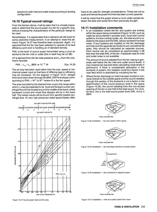 spectra for both inlet and outlet noise according to ducting
configuration.
14.10 Typical sound ratings
From the Section above, it will be seen that it is virtually impos-
sible to determine the sound power of a fan for a specific duty,
without knowing the characteristics of the particular design to
be used.
Nevertheless, it is appreciated that a demand will still exist for
some predictive measurement. In an attempt to meet this de-
mand, Figure 14.27 has therefore been produced. Again, it is
assumed that the fan has been selected to operate at its best
efficiency point and is handling air of standard density.
PWL is the level of sound power transmitted along a duct at-
tached to the fan inlet or outlet (this in itself may be +3 dB).
LP is derived from the fan total pressure and Lp from the volu-
metric flowrate.
PWL =Lp + Lq dBW re 10 -12 W Equ 14.29
The air duty has been used rather than the size, speed or me-
chanical power input so that fans of differing type or efficiency
may be compared. On the diagram in Figure 14.27, straight
lines have been drawn through 84 dBW, 250 Pa at slopes corre-
sponding to PWL oc N3.5to Nz.5where N is the fan speed.
The area bounded by the dashed lines covers the range within
which Lp may be expected to lie. Axial and forward curved cen-
trifugal fans will be located around the middle of the band, whilst
backward curved and mixed flow designs will be in the lower
half. The lowest values will be found from aerofoil bladed cen-
trifugal fans. At very high pressures radial tipped blades often
VOLUMEFLOWFACTORLqdB
-t0 0 +t0 +20
~:':"
....... If' .' I: ;', ,',', I 'I' ',.':~:I::::"" " J"" 'If ......' ,' .''1, : ,'",,,,
0,1 0.2 0.5 1 2 5 10 20 50 100
VOLUMEFLOWQm3/s
rn
"13
rr
o~
LU
rr
er
0.
i
/
/
, /
t
!
i/ s~@
, /A
! ,// f I
100 200 360 500 700 1K
9
I ! " j ;
. //i.
~' 7/ i
9"/,:
~ / / i / " / ~ " " "
,'./2'
?z ,
:
t
PWL=Lp+Lq
1
i
! ,
J .
2K 3K 5K 7K 10K
FANToTALPRESSUREPa
Figure 14.27 Sound power level and fan duty
14 Fan noise
have to be used for strength considerations. These are not so
quiet and hence the power limit line has been curved upwards.
It will be noted that this graph shows a much wider spread be-
tween the best and worse fans than previously thought.
14.11 Installation comments
1. In an installation where the fan and system are entirely
within the space being considered (Figure 14.28), such as
might be encountered in process work, local dust control
systems, furnace cooling cycles, etc, the total sound is ra-
diated to the space and the SWL values represent the total
noise. If duct systems are installed on the fan discharge
and inlet and the separate terminations are considered far
apart, they should be calculated as separate sources.
Each source can be considered as approximately 3 dB
less than the total SWL of the fan, if separate data for inlet
and outlet noise is not available.
.
The amount of sound radiated from the fan casing is gen-
erally well below the fan inlet and outlet sound levels. It
may however be required when calculating noise levels in
plantrooms. If there is considerable absorption in the
ductwork or system, the radiation could be a factor in the
near field which is absorbed by insulating the fan.
Where the fan discharge (or inlet) has been ducted or con-
nects directly to the outside space and the sound radiated
through this section of the ductwork is not a factor in the
determination of the sound pressure level in the space
(Figure 14.29), the sound radiating from the non-ducted
opening of the fan is one-half of the total sound. For duct-
ed fans, this is the total sound power level SWL minus 3
dBW.
Floor mounted fan
Figure 14.28 Installation m fan and system within space
Floor mounted fan
Figure 14.29 Installation m fan discharge directed to outside space
1~Outsidestack
outside I
Figure 14.30 Installation m fan connected to adjacent space
~~~,OccupiE
.space~
Floor mounted fan
Figure 14.31 Installation m inlet and outlet ducted from room
FANS & VENTILATION 235
 