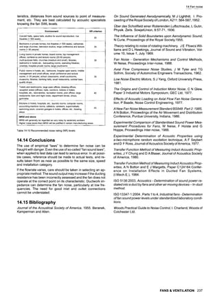 14 Fan noise
teristics, distances from sound sources to point of measure-
ment, etc. They are best calculated by acoustic specialists
knowing the fan SWL levels.
Environment
Concert halls, opera halls, studios for sound reproduction, live
theatres (> 500 seats)
Bedrooms in private homes, live theatres (< 500 seats), cathedrals
and large churches, television studios, large conference and lecture
rooms (> 50 people)
'1
Living rooms in private homes, board rooms, top management
offices, conference and lecture rooms (20-50 people),
multi-purpose halls, churches (medium and small), libraries,
bedrooms in hotels etc., banqueting rooms, operating theatres,
cinemas, hospital private rooms, large courtrooms
Public rooms in hotels, etc., ballrooms, hospital open wards, middle
management and small offices, small conference and lecture
rooms, (< 20 people), school classrooms, small courtrooms,
museums, libraries, banking halls, small restaurants, cocktail bars,
quality shops
Toilets and washrooms, large open offices, drawing offices,
reception areas (offices), halls, corridors, lobbies in hotels,
hospitals, etc., laboratories, recreation rooms, post offices, large
restaurants, bars and night clubs, department stores, shops,
gymnasia
Kitchens in hotels, hospitals, etc., laundry rooms, computer rooms,
accounting machine rooms, cafeteria, canteens, supermarkets,
swimming pools, covered garages in hotels, offices, etc., bowling
alleys
NR criterion
35
NR50 and above
NR50 will generally be regarded as very noisy by sedentary workers.
Higher noise levels than NR50 will be justified in certain manufacturing areas.
Table 14.10 Recommended noise rating (NR)levels
14.14 Conclusions
The use of empirical "laws" to determine fan noise can be
fraught with danger. Even the use of so-called "fan sound laws",
when applied to test data can lead to serious error. In all possi-
ble cases, reference should be made to actual tests, and re-
sults taken from as near as possible to the same size, speed
and installation category.
If the flowrate varies, care should be taken in selecting an ap-
propriate method. The sound output may increase if the ducting
resistance has been incorrectly assessed and the fan does not
operate at the correct point on its characteristic. Ductwork im-
pedance can determine the fan noise, particularly at low fre-
quencies. The need for good inlet and outlet connections
cannot be understated.
14.15 Bibliography
Jouma/ of the Acoustica/ Society of America, 1955. Beranek,
Kamperman and Alien.
On Sound Generated Aerodynamically, M J Lighthill, I. Pro-
ceeding of the Royal Society of London, A211: 564-587, 1952.
Uber das Scholifield einer Rotierenden Luftschraube, L Gutin,
Physik. Zeits. SowjetUnion, 9:57-71, 1936.
The Influence of Sofid Boundaries upon Aerodynamic Sound,
N Curie, Proceedings of the Royal Society, 1955.
Theory relating to noise of rotating machinery, J E Ffowcs Wil-
liams and D L Hawkings, Journal of Sound and Vibration, Vol-
ume 10, Issue 1, July 1969.
Fan Noise - Generation Mechanisms and Control Methods,
W Neise, Proceedings Inter-noise, 1988.
Axial Flow Compressor Noise Studies, J M Tyler and TG
Sofrim, Society of Automotive Engineers Transactions, 1962.
Low Noise Electric Motors, S J Yang, Oxford University Press,
1981.
The Origins and Control of Induction Motor Noise, C N Glew,
Paper 3 Industrial Motors Symposium, GEC Ltd, 1977.
Effects of Acoustic Loading on Axial Flow Fan Noise Genera-
tion, P Baade, Noise Control Engineering, 1977.
A New Fan Noise Measurement Standard BS848: Part 2: 1985,
A N Bolton, Proceedings of the Air Movement and Distribution
Conference, Purdue University, Indiana, 1986.
Experimental Comparison of Standardised Sound Power Mea-
surement Procedures for Fans, W Neise, F Holste and G
Hoppe, Proceedings Inter-noise, 1988.
Experimental Determination of Acoustic Properties using
a-two-microphone random excitation technique, A F Seybert
and D F Ross, Journal of Acoustics Society of America, 1977.
Transfer Function Method of Measuring Induct Acoustic Prop-
erties, J Y Chung and D A Blaser, Journal of Acoustics Society
of America, 1980.
Transfer Function Method of Measuring Induct Acoustics Prop-
erties, A N Bolton and E J Margetts, Paper C124184 Confer-
ence on Installation Effects in Ducted Fan Systems,
(l.Mech.E.), 1984.
ISO 5136:2003, Acoustics - Determination of sound power ra-
diated into a duct by fans and other air moving devices- In-duct
method.
ISO 13347-1:2004, Parts 1 to 4, Industrial fans - Determination
of fan sound power levels under standardized laboratory condi-
tions.
Woods Practical Guide to Noise Control, I. Charland, Woods of
Colchester Ltd.
FANS & VENTILATION 237
 