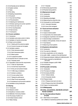 21.3.5 Air flowrate and air distribution
21.3.6 System controls
21.3.7 Noise
21.3.8 Fan siting
21.3.9 Dwelling characteristics
21.3.10 Ductwork
21.3.11 Duct terminal fittings
21.3.12 Fire precautions
21.3.13 Cleaning and maintenance
21.3.13 Window opening and summer operation
21.3.14 The fan and motor unit
21.3.15 Fan mounting boxes
21.3.16 Heat recovery
21.3.17 Conclusions
21.4 Tunnel ventilation
21.4.1 Introduction
21.4.2 Ventilation and smoke control in metros
21.4.3 Ventilation of mainline rail tunnels
21.4.4 Road tunnel ventilation
21.4.4.1 Dealing with the poisonous gases
21.4.4.2 Control of smoke and hot gases
21.4.5 Ventilation systems
21.4.5.1 Fully transverse system
17.5.5.2 Semi-transverse system
21.4.5.3 Mixed system
21.4.5.4 Longitudinal system
21.4.6 Axial flow fans for vehicular tunnels
21.4.6.1 Flowrate control
21.4.7 Calculation of jet tunnel fan requirements
21.4.7.1 Fresh air requirements
21.4.7.2 Tunnel thrust requirements
21.4.7.3 Entry and exit pressure losses
17.4.7.4 Traffic drag or resistance
21.4.7.5 Ambient conditions
21.4.7.6 Tunnel surface friction
21.4.7.7 Testing for performance
21.4.7.8 "Real" thrust requirements
21.4.7.9 Guidelines for jet tunnel fan selection
21.4.8 Ventilation during construction
21.5 Drying
21.5.1 Introduction
21.5.2 Moisture content
21.5.3 Equilibrium moisture content
21.5.4 Methods of removing moisture
21.5.5 The drying of solids in air
21.5.6 Critical moisture content
21.5.7 Rate of drying
330
330
331
331
331
331
331
331
331
331
331
332
332
332
332
332
332
333
333
334
334
334
334
334
335
335
336
336
337
337
338
339
339
339
339
340
341
341
341
342
342
342
342
342
342
342
343
Contents
21.5.7.1 Example
21.5.8 Elementary psychrometry
21.5.9 Practical drying systems
21.6 Mechanical draught
21.6.1 Introduction
21.6.2 Combustion
21.6.3 Operating advantages
21.6.4 Determining the correct fan duty
21.6.5 Combustion air and flue gases
21.6.5.1 Volumetric flowrates
21.6.5.2 Use of the nomogram
21.7 Dust and fume extraction
21.7.1 Introduction
21.7.2 Types of extract system
21.7.3 Components of an extract system
21.7.4 Categories of particles to be extracted
21.7.5 General design considerations
21.7.6 Motion of fine particles, fumes and vapours
21.7.7 Dust features
21.7.8 Balancing of duct systems
21.8 Explosive atmospheres
21.8.1 Introduction
21.8.2 The need for a Standard
21.8.3 Zone classification and fan categories
21.8.4 prEN 14986 - contents of this draft Standard
343
344
344
345
345
346
347
347
348
348
349
349
349
349
349
349
349
349
352
352
352
352
353
353
353
21.8.5 Clearances between rotating and stationary parts 354
21.8.6 Actions required by manufacturers
and users
21.8.7 Probable changes to prEN 14986
21.8.8 Conclusions
21.9 Pneumatic conveying
21.9.1 Introduction
21.9.2 The basis of a design
21.9.3 Conveying velocities
21.9.3.1 Vertical velocity
21.9.3.2 Horizontal velocity
21.9.4 Pressure losses
21.9.4.1 Pressure loss due to air alone
21.9.4.2 Pressure loss due to the particles
21.9.5 Types of conveying system
21.10 Bibliography
22 Units, conversions, standards and pre-
ferred numbers
22.1 Sl, The International System
of Units
22.1.1 Brief history of unit systems
22.1.2 Method of expressing symbols and numbers
354
355
355
355
355
356
356
356
356
357
357
357
358
358
327
329
329
329
FANS & VENTILATION XXIX
 