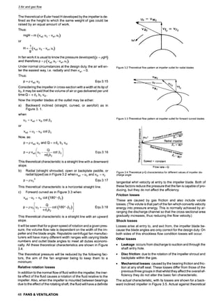 The theoretical or Euler head H developed by the impeller is de-
fined as the height to which the same weight of gas could be
raised by an equal amount of work.
Thus:
mgH = m (Vw2 u 2 -- Vwl Ul)
or
H = l(vw2 u2 -Vwl u,)
g
In fan work it is usual to know the pressure developed (p = pgH)
and therefore p = p (Vw2 u 2 - vwl Ul).
Under normal circumstances at the design duty, the air will en-
ter the easiest way, i.e. radially and then Vwl = 0.
Thus:
VW2
. . . . .
p = p Vw2 U2 Equ 3.15
Considering the impeller in cross-section with a width at its tip of
b2, it may be said that the volume of air or gas delivered per unit
time Q = = d2 b2 vf2.
Now the impeller blades at the outlet may be either:
a) Backward inclined (straight, curved, or aerofoil) as in
Figure 3.1.
when
U2 -- Vw2 4- Mr2 cot 132
or
Vw2 -- U2 -- Vf2 cot 132
Now, as:
p = p Vw2 u2 and Q = = d2 b2 Vf2
/ ~ /
p = p Vw2 U2 -- ~ cot 132 Equ 3.16
=d2b2
This theoretical characteristic is a straight line with a downward
slope.
b) Radial (straight shrouded, open or backplate paddle, or
radial tipped) as in Figure 3.2 when Vw2 = u2 and vf2 - v2
p =IDU2 2 Equ 3.17
This theoretical characteristic is a horizontal straight line.
c) Forward curved as in Figure 3.3 when
Vw2-u 2 = vf2 cot (180~
Q (180o_132)1
p = p u2 u2 + - - cot Equ 3.18
~d2b 2
This theoretical characteristic is a straight line with an upward
slope.
It will be seen that for a given speed of rotation and a given pres-
sure, the volume flow rate is dependent on the width of the im-
peller and the blade angle. Reputable centrifugal fan manufac-
turers will have many different width ranges with varying blade
numbers and outlet blade angles to meet all duties economi-
cally. All these theoretical characteristics are shown in Figure
3.4.
The theoretical pressure will be reduced by the following fac-
tors, the aim of the fan engineer being to keep them to a
minimum:
Relative rotation losses
In addition to the normal flow of fluid within the impeller, the iner-
tia effect of the fluid causes a rotation of the fluid relative to the
impeller. Also, when the impeller is mounted between bearings
due to the effect of the rotating shaft, the fluid will have a definite
U2 --'~ Vw 2
Vf2- Vr2
f----.
Figure 3.2 Theoretical flow pattern at impeller outlet for radial blades
3 Air and gas flow
Figure 3.3 Theoretical flow pattern at impeller outlet for forward curved blades
I
il pu~ ~ o ~ ~"
~ Radial impeller
r-"-~..__ ....... ~ = 9o~
l Speed = constant
Flow rate-Q
Figure 3.4 Theoretical p-Q characteristics for different values of impeller dis-
charge angle
tangential whirl velocity at entry to the impeller blade. Both of
these factors reduce the pressure that the fan is capable of pro-
ducing, but they do not affect the efficiency.
Friction losses
These are caused by gas friction and also include volute
losses. (The volute is that part of the fan which converts velocity
energy into pressure energy. This is normally achieved by ar-
ranging the discharge channel so that the cross-sectional area
gradually increases, thus reducing the flow velocity)
Shock losses
Losses arise at entry to, and exit from, the impeller blade be-
cause the blade angles are only correct for the design duty. On
both sides of this shockless flow condition losses will occur.
Other losses
9 Leakage: occurs from discharge to suction and through the
shaft entry hole.
9 Disc friction: due to the rotation of the impeller shroud and
backplate within the gas.
9 Mechanical losses: caused by the bearing friction and fric-
tion at any shaft seal. These losses differ from those of the
previous three groups in that whilst they affect the overall ef-
ficiency they do not alter the basic fan characteristic.
The actual characteristic, with its losses are shown for a back-
ward inclined impeller in Figure 3.5. Actual against theoretical
48 FANS & VENTILATION
 