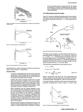 3 Air and gas flow
C~
I
(b
L
3
E
LL
••ret i
characteristic ~~ii
Speed - constant
Flow rate-Q
Figure3.5 Deviationof actualfan characteristicsfor impellerhavingbackward
inclinedvanes
t3..
I
(b
03
09
0,)
o3
E
LL
Theoretical
Actual
Flow rate-Q
Figure3.6 Characteristicsfor radialbladefan
J
t--
U)
CO
(b
CL
-~ Actual
E
Flow rate-Q
Figure3.7 Characteristicsforforwardcurvedfan
characteristics for radial and forward curved fans are shown in
Figure 3.6 and Figure 3.7 respectively.
Important Note
It must be emphasised that all the above assumes
straight flow into the impeller eye and consideration of
the equations will show that if this is not the case then
the pressure developed will be reduced.
Variable inlet vanes purposely use this fact to impart
swirl in the direction of rotation. This can be progres-
sively increased by closure of the vanes with a corre-
sponding reduction in the pressure developed. There
will of course be some additional friction losses. Further
information is given in Chapter 6, Section 6.5.
More importantly, from the system designer's view-
point, it will be seen that if straight flow into the fan inlet
is not achieved due to poor inlet connections, then the
fan will not develop its test pressure. Insufficient
straight ducting on the fan inlet side, sagging flexible
connections, absence of straighteners in bends, and
too tight bends can all be responsible. Where fans are
mounted in plenum chambers there must be a suffi-
cient distance from the fan inlet(s)to the chamber walls
for the same reason.
Often the system designer is himself short of space. He
may then have to provide less than ideal connections. A
section on system effect factors (Chapter 5, Section
5.4) has therefore been included and this will enable
the designer to make such allowances as are neces-
sary in specifying the fan duty so that the required flow
may be achieved.
3.2.3 Elementary axial fan theory
Figure 3.8 shows an axial flow fan blade section at some partic-
ular radius, with its associated velocity triangles. The air enters
the impeller axially with a velocity v~ = vm~,and leaves with ve-
locity v2.
I axial
direction wl
f VmI =
~../ ~1 ...... .............................
Ul
blad
directionofrotation
V
3= ~ ~
Figure3.8Axialflowbladevelocitytriangles
The shape of the triangles is almost identical with those of a
backward bladed centrifugal fan, but it should be noted that
u1= u2, and Vr~1= vm2.The total pressure developed is given by
the same equation as for a centrifugal fan, namely, pU2Vu2, Vu2
being the rotational component of v2. It should be noted that the
expanded form of Euler's equation no longer includes a forced
vortex component since u~ = u2 at each radius.
The theoretical characteristics may be derived since:
V u -- U -- V m cot 132
p = puv u = pu 2 -puv m cot 132
=pU 2 -pU. 4Q -cot 13
2 Equ 3.19
Where v equals hub to tip ratio D1/D2. The characteristics are
shown in Figure 3.9, and are seen to be very similar to those for
a backward bladed centrifugal fan, apart from the stall point.
It is usual to design a blade to give the same axial velocity and
pressure development at each radius, in which case
c~
t3_
  measured
Volume flow rate
Figure 3.9 Theoretical characteristics of an axial flow impeller
FANS & VENTILATION 49
 