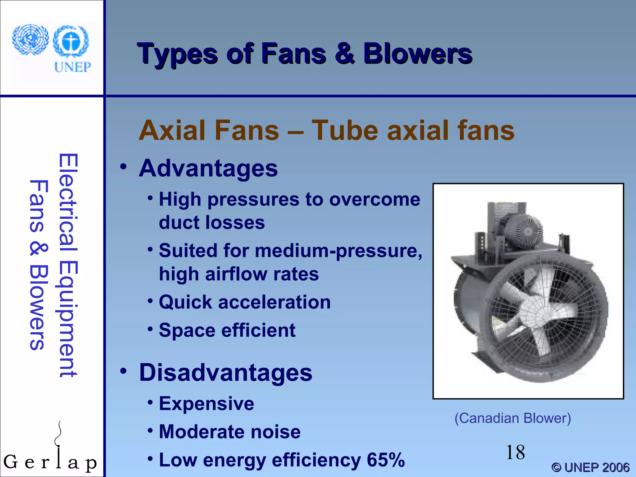 18
©© UNEP 2006UNEP 2006
Types of Fans & BlowersTypes of Fans & Blowers
Axial Fans – Tube axial fans
ElectricalEquipment
Fans&Blowers
(Canadian Blower)
• Advantages
• High pressures to overcome
duct losses
• Suited for medium-pressure,
high airflow rates
• Quick acceleration
• Space efficient
• Disadvantages
• Expensive
• Moderate noise
• Low energy efficiency 65%
 