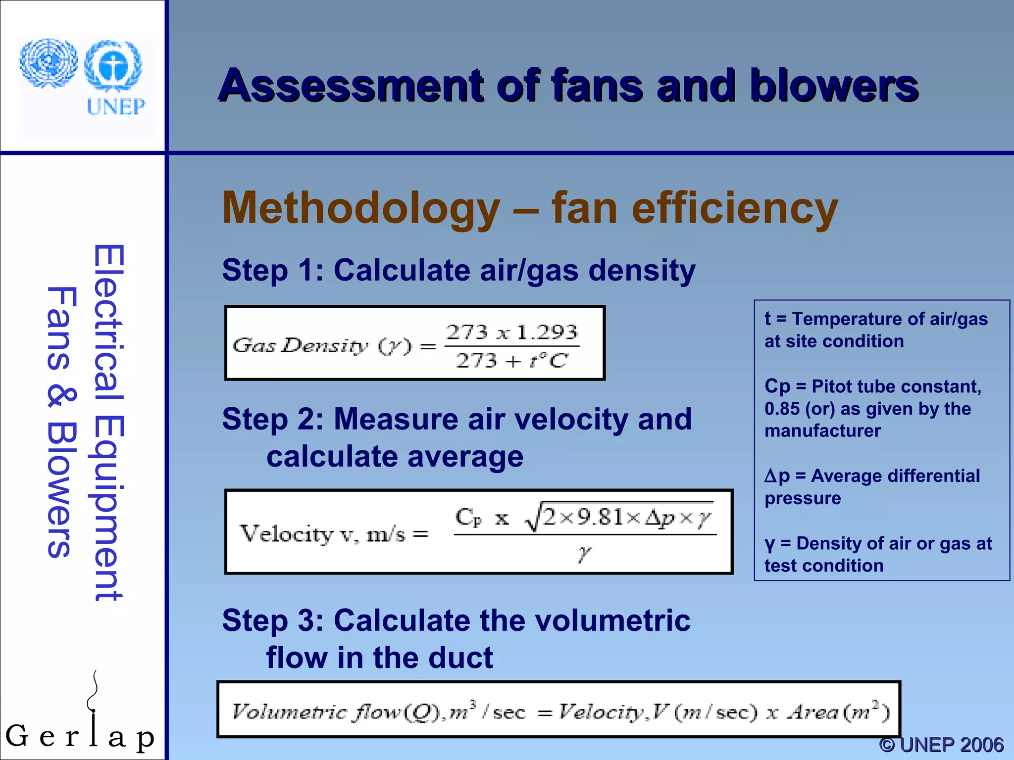 27
©© UNEP 2006UNEP 2006
Assessment of fans and blowersAssessment of fans and blowers
Step 1: Calculate air/gas density
Step 2: Measure air velocity and
calculate average
Step 3: Calculate the volumetric
flow in the duct
Methodology – fan efficiency
ElectricalEquipment
Fans&Blowers
t = Temperature of air/gas
at site condition
Cp = Pitot tube constant,
0.85 (or) as given by the
manufacturer
∆p = Average differential
pressure
γ = Density of air or gas at
test condition
 