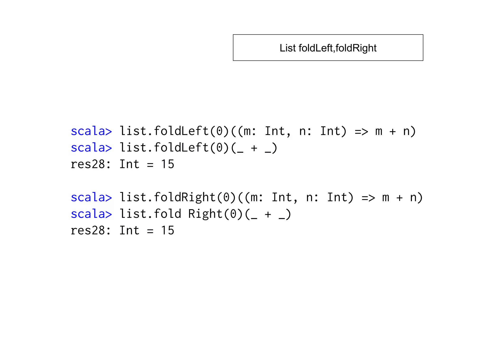 List foldLeft,foldRight




scala> list.foldLeft(0)((m: Int, n: Int) => m + n)
scala> list.foldLeft(0)(_ + _)
res28: Int = 15

scala> list.foldRight(0)((m: Int, n: Int) => m + n)
scala> list.fold Right(0)(_ + _)
res28: Int = 15
 
