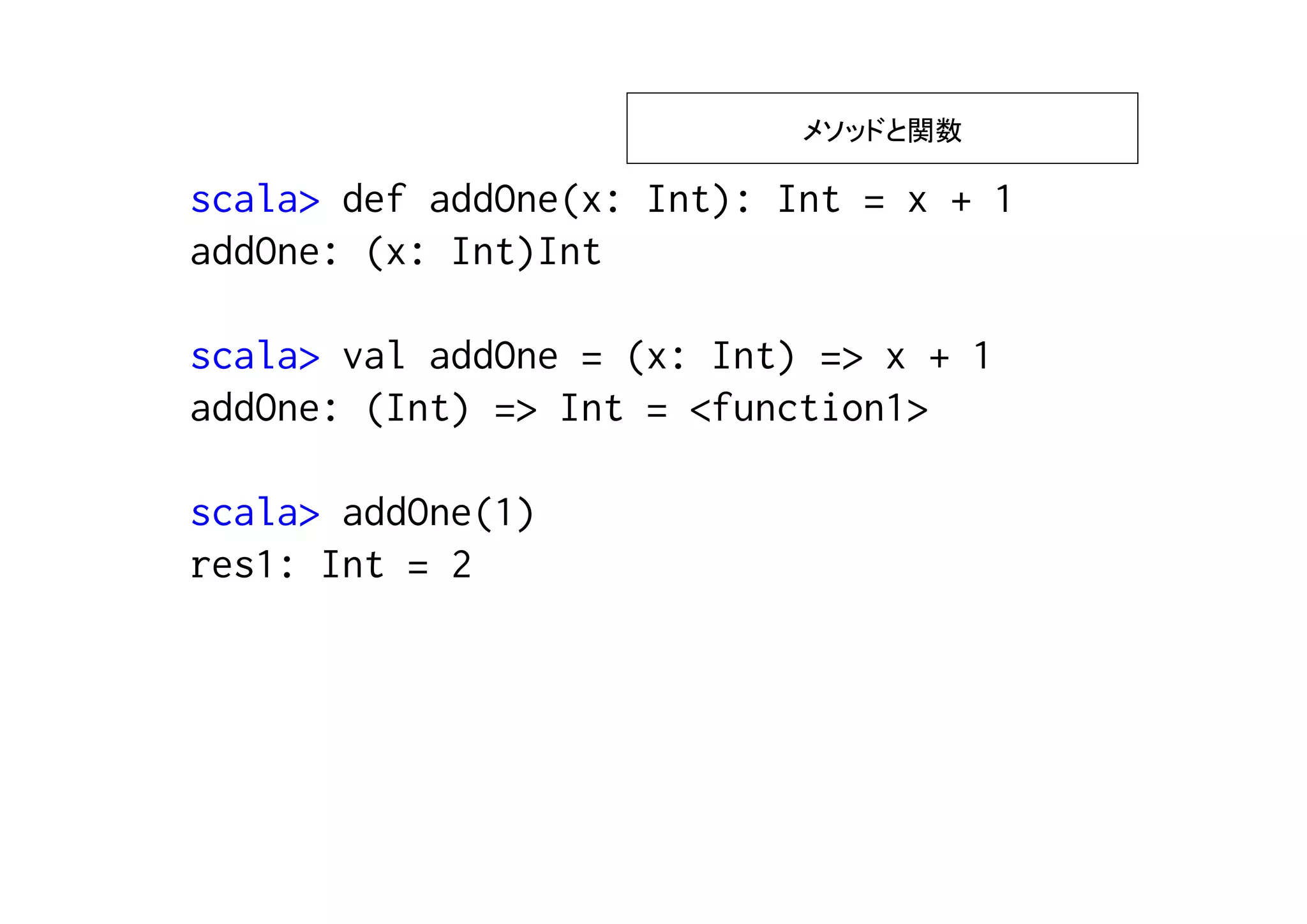 メソッドと関数

scala> def addOne(x: Int): Int = x + 1
addOne: (x: Int)Int

scala> val addOne = (x: Int) => x + 1
addOne: (Int) => Int = <function1>

scala> addOne(1)
res1: Int = 2
 