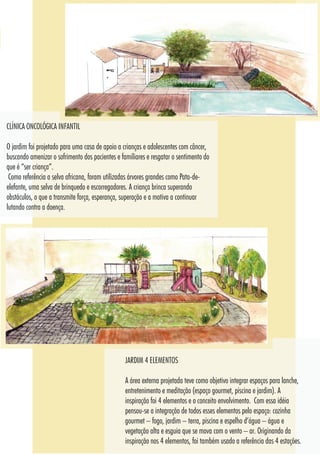 7979
JARDIM 4 ELEMENTOS
A área externa projetada teve como objetivo integrar espaços para lanche,
entretenimento e meditação (espaço gourmet, piscina e jardim). A
inspiração foi 4 elementos e o conceito envolvimento. Com essa idéia
pensou-se a integração de todos esses elementos pelo espaço: cozinha
gourmet – fogo, jardim – terra, piscina e espelho d’água – água e
vegetação alta e esguia que se mova com o vento – ar. Originando da
inspiração nos 4 elementos, foi também usado a referência das 4 estações.
CLÍNICA ONCOLÓGICA INFANTIL
O jardim foi projetado para uma casa de apoio a crianças e adolescentes com câncer,
buscando amenizar o sofrimento dos pacientes e familiares e resgatar o sentimento do
que é “ser criança”.
Como referência a selva africana, foram utilizadas árvores grandes como Pata-de-
elefante, uma selva de brinquedo e escorregadores. A criança brinca superando
obstáculos, o que a transmite força, esperança, superação e a motiva a continuar
lutando contra a doença.
 