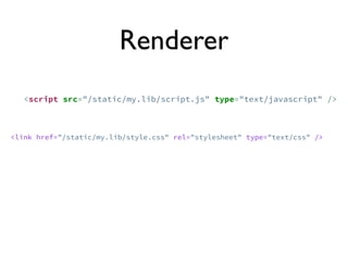 Renderer
   <script src="/static/my.lib/script.js" type="text/javascript" />



<link href="/static/my.lib/style.css" rel="stylesheet" type="text/css" />
 