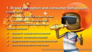 1. Brand perception and consumer behaviours
Brand perception

✴    Fanta viewed as a teen drink from ages 13 - 20 years

✴    Perception is playful - it’s all about having fun

✴    Mums view it as a healthier alternative to cola

Consumer behaviours

✴    Generation Z - constantly need to be connected

✴    Tastemakers - viewing brands as disposable

✴    Budget constrained - always on the look out for free stuff

✴    Love to share things with their ‘tribe’ or peers

                                              Source: Coca-Cola, Everything Everywhere, Future Foundation, Kantar, TGI
 