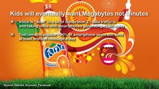 Kids will eventually want Megabytes not Minutes
    ✴      Voice is “dead” to a lot of Generation Z - data traffic is
           overtaking voice with smartphones generating >1MB a day

    ✴      Text remains popular - 90% of smartphone users still send
           at least one text message a day




Source: Deloitte, Ericsson, Facebook
 
