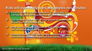 Kids will eventually want Megabytes not Minutes
    ✴      Voice is “dead” to a lot of Generation Z - data traffic is
           overtaking voice with smartphones generating >1MB a day

    ✴      Text remains popular - 90% of smartphone users still send
           at least one text message a day

    ✴      350M users are using Facebook on their mobile, nearly
           half the active subscriber base

    ✴      Staying connected with peers means mobile internet may
           eventually become more important than talktime minutes




Source: Deloitte, Ericsson, Facebook
 