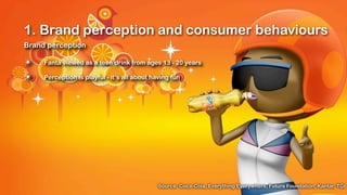 1. Brand perception and consumer behaviours
Brand perception

✴    Fanta viewed as a teen drink from ages 13 - 20 years

✴    Perception is playful - it’s all about having fun




                                              Source: Coca-Cola, Everything Everywhere, Future Foundation, Kantar, TGI
 
