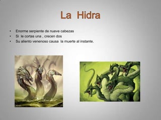 •
•
•

Enorme serpiente de nueve cabezas
Si le cortas una , crecen dos
Su aliento venenoso causa la muerte al instante.

 
