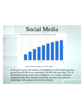 Social Media
• In the past 4 years, the number of smartphone sin the United rates has
grown from 62.6M to an astonishing 144.5M with more than 75% of
households having at least one smartphone. As a result, consumers
shopping habits have changed drastically in recent years and new
technology will continue to fuel this evolution
 