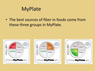 MyPlate
• The best sources of fiber in foods come from
  these three groups in MyPlate.
 