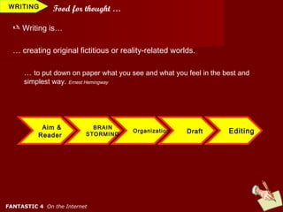WRITING         Food for thought …

   Writing is…

  … creating original fictitious or reality-related worlds.

      … to put down on paper what you see and what you feel in the best and
      simplest way. Ernest Hemingway




            Aim &             BRAIN
                            STORMING
                                       Organization     Draft       Editing
           Reader




FANTASTIC 4 On the Internet
 