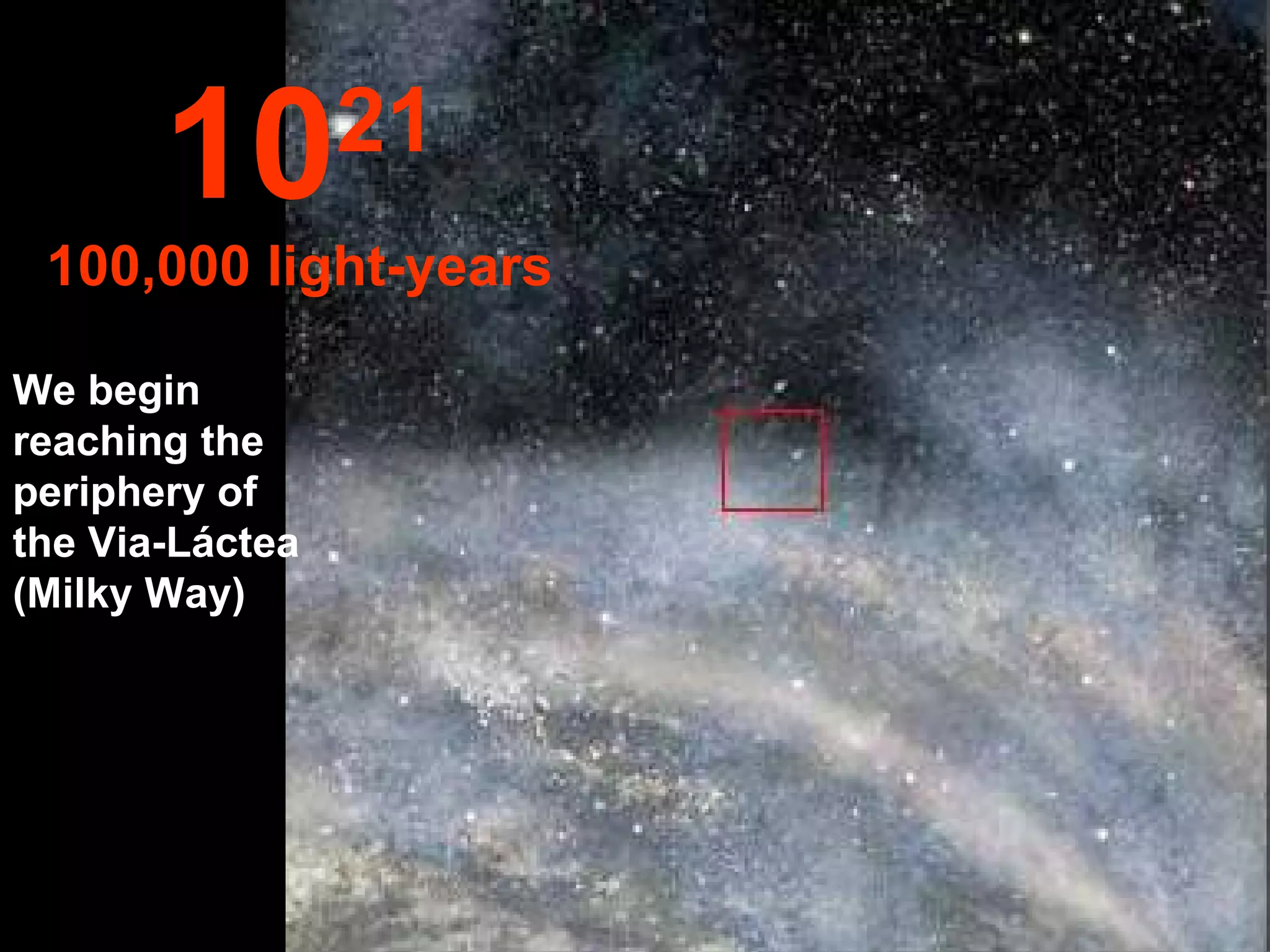 10        21
 100,000 light-years

We begin
reaching the
periphery of
the Via-Láctea
(Milky Way)
 