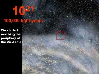 10 21
 100,000 light-years

We started
reaching the
periphery of
the Via-Láctea
 