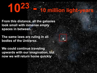 10 23            - 10 million light-years
From this distance, all the galaxies
look small with inmense empty
spaces in between.

The same laws are ruling in all
bodies of the Universe.

We could continue traveling
upwards with our imagination, but
now we will return home quickly
 