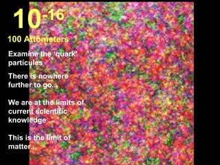 10       -16
100 Attómeters
Examine the ‘quark’
partícules
There is nowhere
further to go...

We are at the limits of
current scientific
knowledge .

This is the limit of
matter...
 