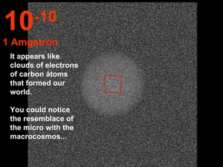 It appears like clouds of electrons of carbon átoms that formed our world.  You could notice the resemblace of the micro with the macrocosmos... 10 -10 1 Amgstron 