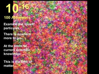 Examine the ‘quark’ partícules There is nowhere more to go... At the limits of current scientific knowledge .  This is the limit of matter...  10 -16 100 Atómeters 