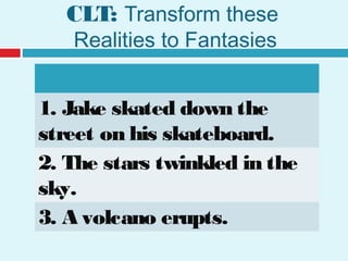 CLT: Transform these
Realities to Fantasies
1. Jake skated down the
street on his skateboard.
2. The stars twinkled in the
sky.
3. A volcano erupts.
 