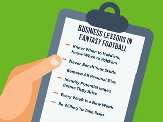 BUSINESS LESSONS IN 
FANTASY FOOTBALL 
Know When to Hold’em, 
Know When to Fold’em 
Never Bench Your Studs 
Remove All Per...