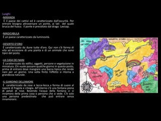 Luoghi:
-MIRANDA
È il paese dei cattivi ed è caratterizzato dall’oscurità. Per
entrare bisogna attraversare un ponte, ai lati del quale
brucia del fuoco. Il ponte è presidiato dal drago Lavizap.
-MAGICABULA
È un paese caratterizzato da luminosità.
-DESERTO D’ORO
È caratterizzato da dune tutte d’oro. Qui non c’è forma di
vita ad eccezione di una pianta e di un animale che sono
tipici del posto.
-LA CASA DEI NANI
È caratterizzato da edifici, oggetti, persone e vegetazione in
miniatura. Chi vuole passare qualche giorno in questo posto,
prima di entrare deve mangiare una bacca tipica che rende
nani per un giorno. Una volta finito l’effetto si ritorna a
grandezza naturale.
-IL GIARDINO DELL’AMORE
È caratterizzato da rose e lecca-lecca a forma di cuore al
sapore di fragola e ciliegia. All’interno c’è una fontana piena
di petali di rose. Bevendo l’acqua della fontana ci si
innamora della prima cosa o persona che si vede. C’è solo
una persona predestinata che può entrare senza
innamorarsi.
 