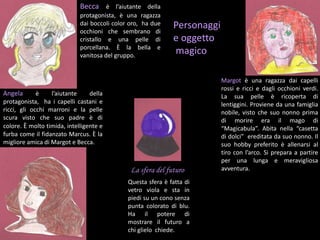 Becca è l’aiutante della
protagonista, è una ragazza
dai boccoli color oro, ha due
occhioni che sembrano di
cristallo e una pelle di
porcellana. È la bella e
vanitosa del gruppo.
Margot è una ragazza dai capelli
rossi e ricci e dagli occhioni verdi.
La sua pelle è ricoperta di
lentiggini. Proviene da una famiglia
nobile, visto che suo nonno prima
di morire era il mago di
“Magicabula”. Abita nella “casetta
di dolci” ereditata da suo nonno. Il
suo hobby preferito è allenarsi al
tiro con l’arco. Si prepara a partire
per una lunga e meravigliosa
avventura.
Personaggi
e oggetto
magico
Angela è l’aiutante della
protagonista, ha i capelli castani e
ricci, gli occhi marroni e la pelle
scura visto che suo padre è di
colore. È molto timida, intelligente e
furba come il fidanzato Marcus. È la
migliore amica di Margot e Becca.
Questa sfera è fatta di
vetro viola e sta in
piedi su un cono senza
punta colorato di blu.
Ha il potere di
mostrare il futuro a
chi glielo chiede.
La sfera del futuro
 