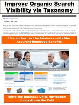 Improve Organic Search
Visibility via Taxonomy
Use anchor text for business units like
Assurant Employee Benefits
Move the Business Units Navigation
Icons Above the Fold
 