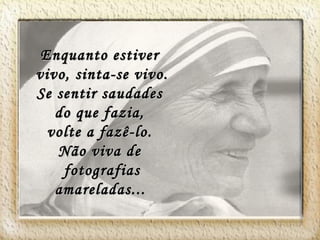 Enquanto estiver vivo, sinta-se vivo. Se sentir saudades do que fazia, volte a fazê-lo. Não viva de fotografias amareladas...
