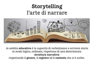 Storytelling
l’arte di narrare
in ambito educativo è la capacità di verbalizzare o scrivere storie
in modo logico, ordinato, rispettoso di una determinata
struttura narrativa
rispettando il genere, il registro ed il contesto che si è scelto.
 