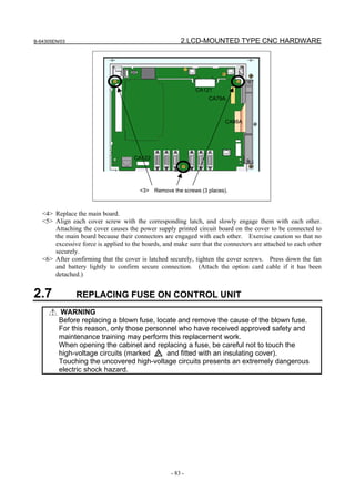 B-64305EN/03 2.LCD-MOUNTED TYPE CNC HARDWARE
- 83 -
<3> Remove the screws (3 places).
CA88A
CA79A
CA121
CA122
<4> Replace the main board.
<5> Align each cover screw with the corresponding latch, and slowly engage them with each other.
Attaching the cover causes the power supply printed circuit board on the cover to be connected to
the main board because their connectors are engaged with each other. Exercise caution so that no
excessive force is applied to the boards, and make sure that the connectors are attached to each other
securely.
<6> After confirming that the cover is latched securely, tighten the cover screws. Press down the fan
and battery lightly to confirm secure connection. (Attach the option card cable if it has been
detached.)
2.7 REPLACING FUSE ON CONTROL UNIT
WARNING
Before replacing a blown fuse, locate and remove the cause of the blown fuse.
For this reason, only those personnel who have received approved safety and
maintenance training may perform this replacement work.
When opening the cabinet and replacing a fuse, be careful not to touch the
high-voltage circuits (marked and fitted with an insulating cover).
Touching the uncovered high-voltage circuits presents an extremely dangerous
electric shock hazard.
 