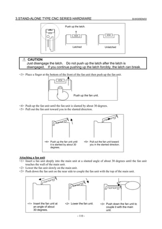 3.STAND-ALONE TYPE CNC SERIES HARDWARE B-64305EN/03
- 110 -
Latched Unlatched
Push up the latch.
CAUTION
Just disengage the latch. Do not push up the latch after the latch is
disengaged. If you continue pushing up the latch forcibly, the latch can break.
<3> Place a finger at the bottom of the front of the fan unit then push up the fan unit.
Push up the fan unit.
<4> Push up the fan unit until the fan unit is slanted by about 30 degrees.
<5> Pull out the fan unit toward you in the slanted direction.
<4> Push up the fan unit until
it is slanted by about 30
degrees.
<5> Pull out the fan unit toward
you in the slanted direction.
Attaching a fan unit
<1> Insert a fan unit deeply into the main unit at a slanted angle of about 30 degrees until the fan unit
touches the wall of the main unit.
<2> Lower the fan unit slowly on the main unit.
<3> Push down the fan unit on the near side to couple the fan unit with the top of the main unit.
<1> Insert the fan unit at
an angle of about
30 degrees.
<2> Lower the fan unit. <3> Push down the fan unit to
couple it with the main
unit.
 