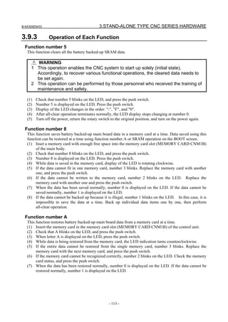 B-64305EN/03 3.STAND-ALONE TYPE CNC SERIES HARDWARE
- 113 -
3.9.3 Operation of Each Function
Function number 5
This function clears all the battery backed-up SRAM data.
WARNING
1 This operation enables the CNC system to start up solely (initial state).
Accordingly, to recover various functional operations, the cleared data needs to
be set again.
2 This operation can be performed by those personnel who received the training of
maintenance and safety.
(1) Check that number 5 blinks on the LED, and press the push switch.
(2) Number 5 is displayed on the LED. Press the push switch.
(3) Display of the LED changes in the order: "-", "F", and "0".
(4) After all-clear operation terminates normally, the LED display stops changing at number 0.
(5) Turn off the power, return the rotary switch to the original position, and turn on the power again.
Function number 8
This function saves battery backed-up main board data in a memory card at a time. Data saved using this
function can be restored at a time using function number A or SRAM operation on the BOOT screen.
(1) Inset a memory card with enough free space into the memory card slot (MEMORY CARD CNM1B)
of the main body.
(2) Check that number 8 blinks on the LED, and press the push switch.
(3) Number 8 is displayed on the LED. Press the push switch.
(4) While data is saved in the memory card, display of the LED is rotating clockwise.
(5) If the data cannot fit in one memory card, number 3 blinks. Replace the memory card with another
one, and press the push switch.
(6) If the data cannot be written to the memory card, number 2 blinks on the LED. Replace the
memory card with another one and press the push switch.
(7) When the data has been saved normally, number 0 is displayed on the LED. If the data cannot be
saved normally, number 1 is displayed on the LED.
(8) If the data cannot be backed up because it is illegal, number 1 blinks on the LED. In this case, it is
impossible to save the data at a time. Back up individual data items one by one, then perform
all-clear operation.
Function number A
This function restores battery backed-up main board data from a memory card at a time.
(1) Insert the memory card in the memory card slot (MEMORY CARD CNM1B) of the control unit.
(2) Check that A blinks on the LED, and press the push switch.
(3) When letter A is displayed on the LED, press the push switch.
(4) While data is being restored from the memory card, the LED indication turns counterclockwise.
(5) If the entire data cannot be restored from the single memory card, number 3 blinks. Replace the
memory card with the next memory card, and press the push switch.
(6) If the memory card cannot be recognized correctly, number 2 blinks on the LED. Check the memory
card status, and press the push switch.
(7) When the data has been restored normally, number 0 is displayed on the LED. If the data cannot be
restored normally, number 1 is displayed on the LED.
 