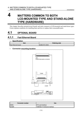 B-64305EN/03
- 114 -
4. MATTERS COMMON TO BOTH LCD-MOUNTED TYPE
AND STAND-ALONE TYPE (HARDWARE)
4 MATTERS COMMON TO BOTH
LCD-MOUNTED TYPE AND STAND-ALONE
TYPE (HARDWARE)
This chapter describes printed-circuit boards and units common to LCD-mounted and stand-alone types.
It also explains conditions for installing them and how to replace their consumable parts.
4.1 OPTIONAL BOARD
4.1.1 Fast Ethernet Board
- Specification
Item Ordering code
Fast Ethernet board A20B-8101-0030
- Connector mounting location
CD38R
CNH6
JG2
S-BUS back-plane connector
Connector number Use
CNH6 ATA card interface
CD38R 100BASE-TX Ethernet interface
 